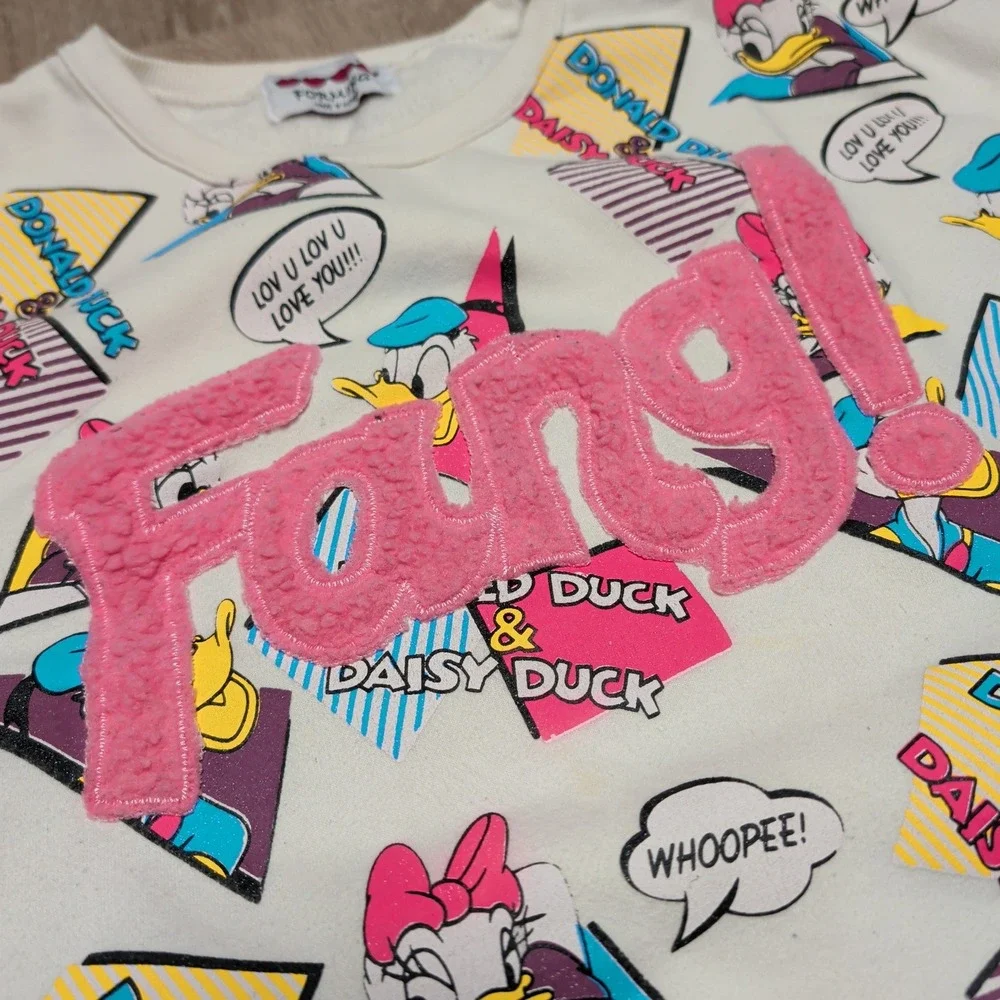 Rare Vintage Y2K Donald Daisy Duck Comic Print Sweatshirt Fang! Patch XL Pockets